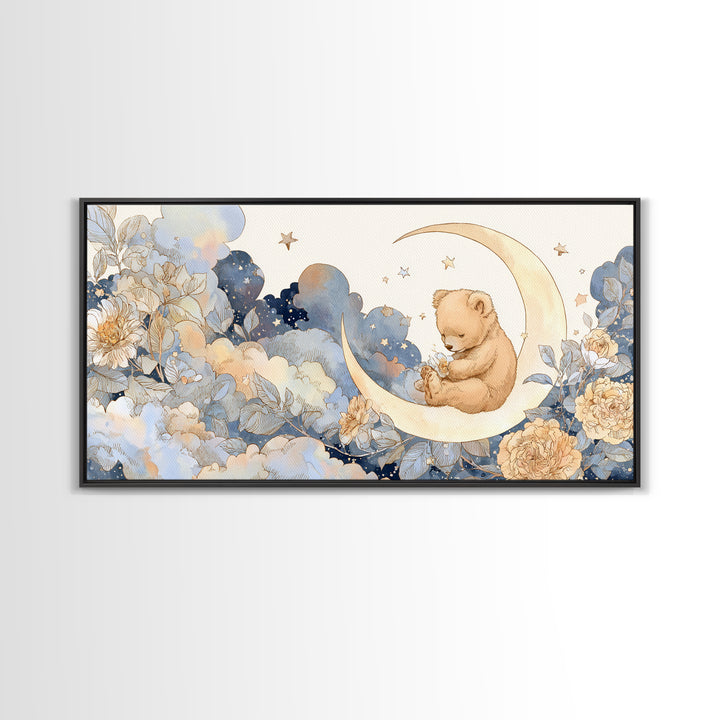Baby Bear Floating on a Crescent Moon Canvas Print, Nursery Art, Printable Wall Art, Nursery Decor, Watercolor Art, Nursery, NUR-2x1-74