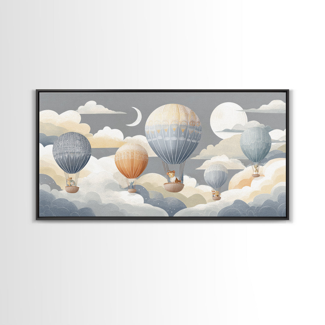 Floating Hot Air Balloon Framed Canvas Print, Nursery Art, Butterfly Wall Art, Nursery Decor, Nursery, Woodland Nursery Art, NUR-2x1-80