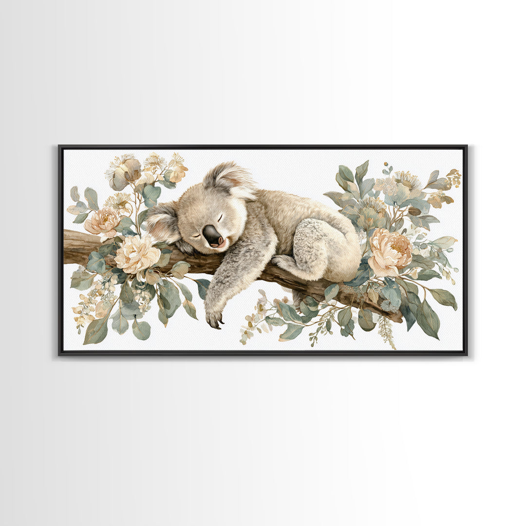 Sleeping Koala on Eucalyptus Branch Framed Canvas Print, Nursery Art, Nursery, Nursery Decor, Nursery, Playroom Wall Decor, NUR-2x1-81