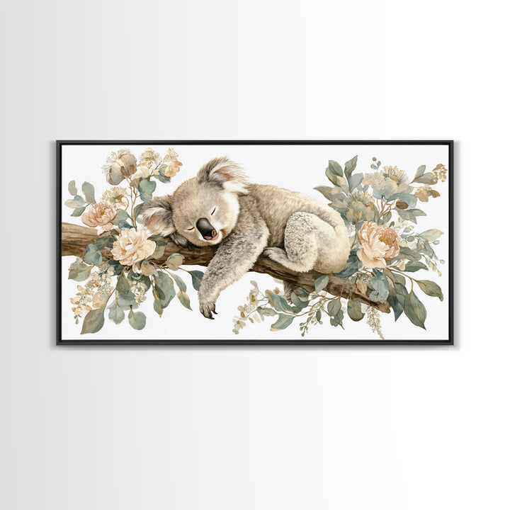Sleeping Koala on Eucalyptus Branch Framed Canvas Print, Nursery Art, Nursery, Nursery Decor, Nursery, Playroom Wall Decor, NUR-2x1-81