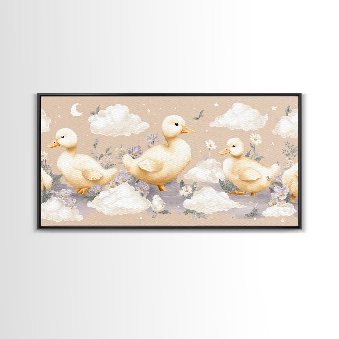 Ducklings Following a Mother Duck Canvas Print, Nursery Art, Wall Art, Nursery Decor, Oil Painting, Nursery, Nursery Prints, NUR-2x1-82