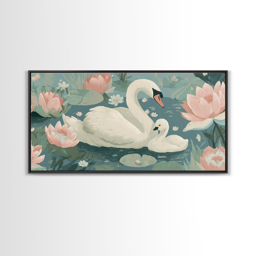 Swan and Cygnet Framed Canvas Print, Nursery Art, Digital Download Art, Nursery Decor, Fine Art, Nursery, Whimsical Wall Art, NUR-2x1-84