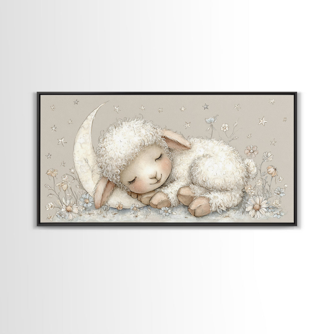 Little Lamb under a Starry Sky Framed Canvas Print, Nursery Art, Playroom Wall Decor, Nursery Decor, Fine Art, Nursery, NUR-2x1-87