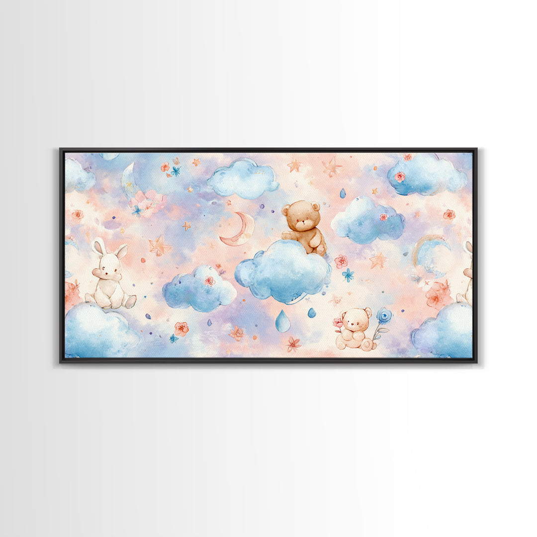Clouds and Raindrops Framed Canvas Print, Nursery Art, Art Print, Nursery Decor, Oil Painting, Nursery 190, Wall Art Set of, NUR-2x1-90