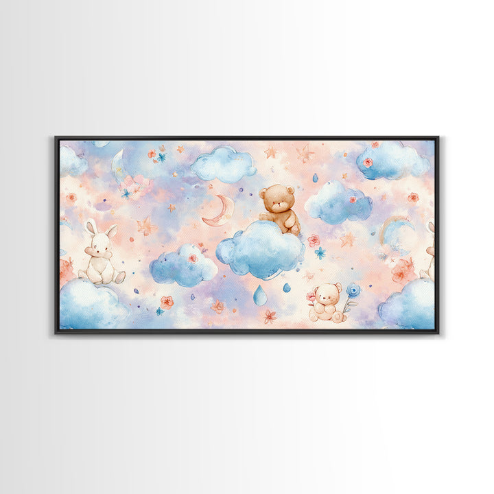 Clouds and Raindrops Framed Canvas Print, Nursery Art, Art Print, Nursery Decor, Oil Painting, Nursery 190, Wall Art Set of, NUR-2x1-90
