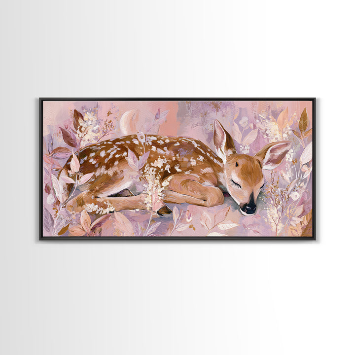Deer Fawn Sleeping Framed Canvas Print, Nursery Art, Nursery Wall Art, Nursery Decor, Fine Art, Nursery, Woodland Nursery, NUR-2x1-91