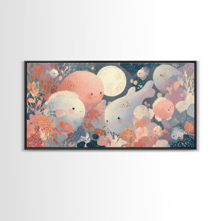 Friendly Ocean Creatures Framed Canvas Print, Nursery Art, Playroom Decor, Nursery Decor, Fine Art, Nursery, Kids Room Wall Art, NUR-2x1-92