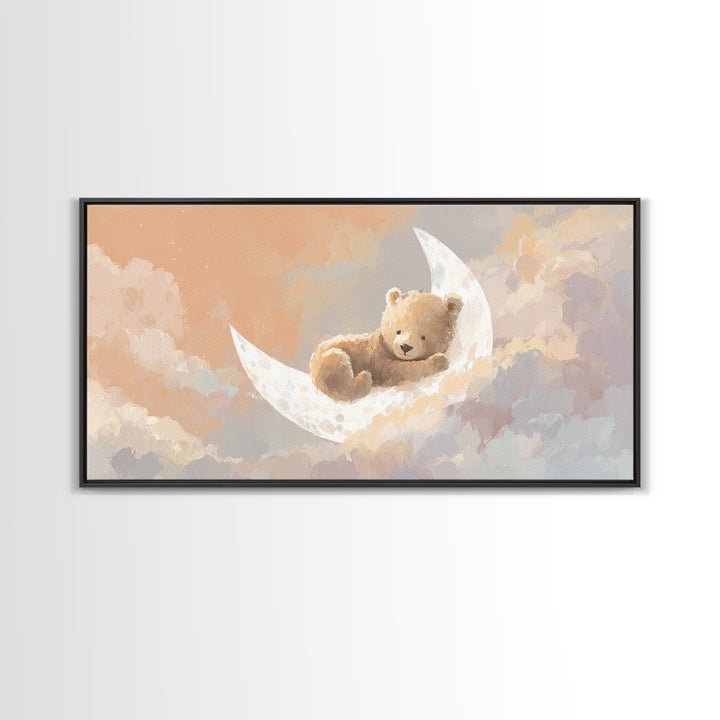 Baby Bear Floating on a Crescent Moon Canvas Print, Nursery Art, Printable Wall Art, Nursery Decor, Watercolor Art, Nursery, NUR-2x1-98