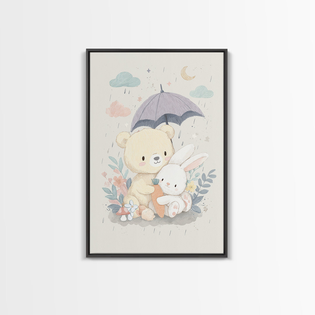 Bear and Rabbit Sharing Umbrella Framed Canvas Print, Nursery Art, Wall Art, Nursery Decor, Fine Art, Nursery, Nursery Prints, NUR-2x3-1