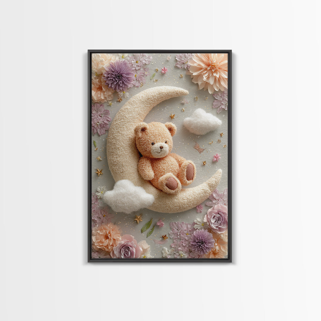 Baby Bear Floating on a Crescent Moon Canvas Print, Nursery Art, Luxury Decor, Nursery Decor, Oil Painting, Nursery, NUR-2x3-14