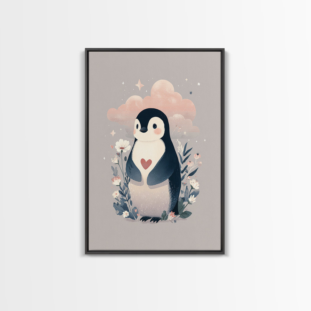 Penguin Holding a Little Heart Shape Framed Canvas Print, Nursery Art, Room Decor, Nursery Decor, Abstract Art, Nursery, NUR-2x3-18