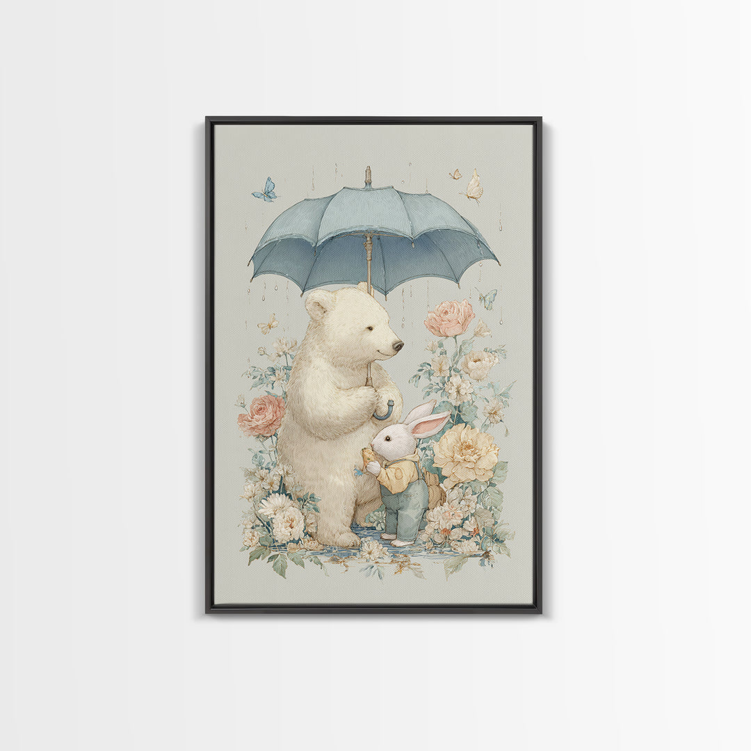 Bear and Rabbit Sharing Umbrella Framed Canvas Print, Nursery Art, Wall Art, Nursery Decor, Fine Art, Nursery, Nursery Prints, NUR-2x3-25