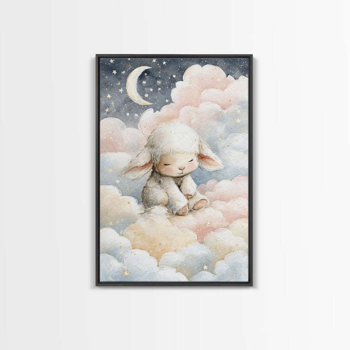 Little Lamb under a Starry Sky Framed Canvas Print, Nursery Art, Kids Room Art, Nursery Decor, Fine Art, Nursery, NUR-2x3-3