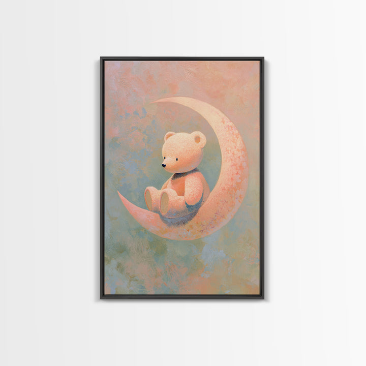 Baby Bear Floating on a Crescent Moon Framed Canvas Print, Nursery Art, Wall Art, Nursery Decor, Nursery, Nursery Prints, NUR-2x3-38