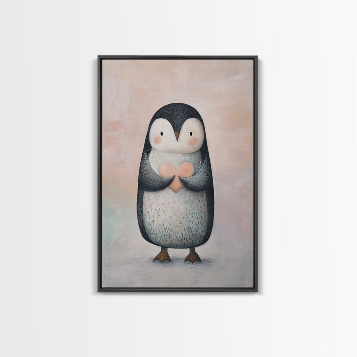 Penguin Holding a Little Heart Shape Framed Canvas Print, Nursery Art, Room Decor, Nursery Decor, Abstract Art, Nursery, NUR-2x3-42