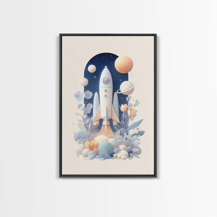 Rocket Ship and Smiling Planets Framed Canvas Print, Nursery Art, Nursery Wall Art, Nursery Decor, Oil Painting, Nursery, NUR-2x3-53
