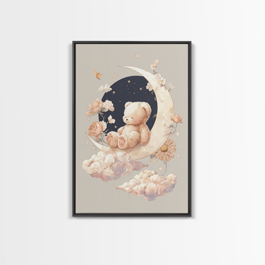 Baby Bear Floating on a Crescent Moon Canvas Print, Nursery Art, Nursery Decor, Abstract Art, Nursery, Kids Wall Art, NUR-2x3-62