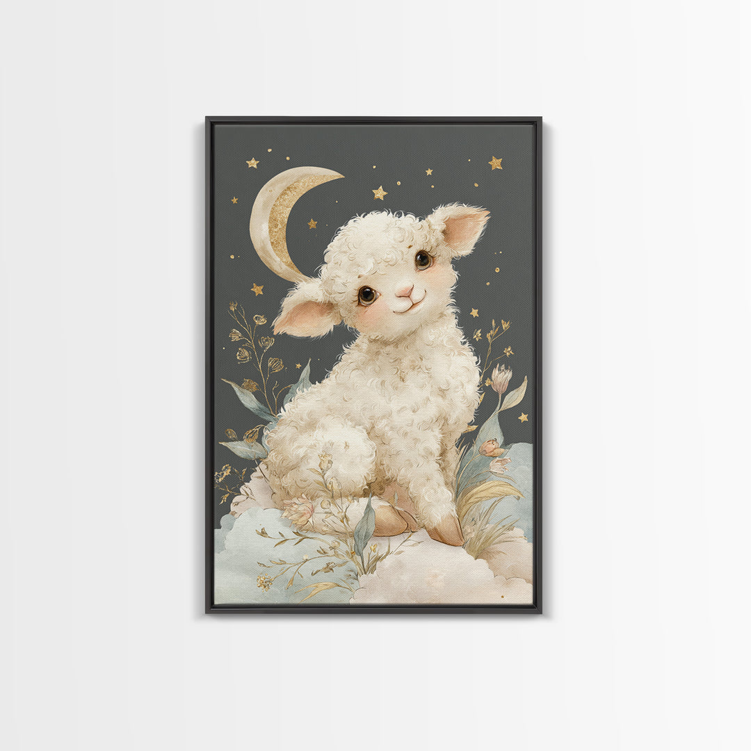 Little Lamb under a Starry Sky Framed Canvas Print, Nursery Art, Nursery Wall Art, Nursery Decor, Nursery, Woodland Nursery, NUR-2x3-75