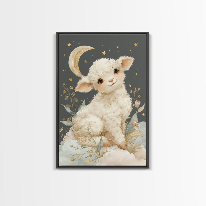 Little Lamb under a Starry Sky Framed Canvas Print, Nursery Art, Nursery Wall Art, Nursery Decor, Nursery, Woodland Nursery, NUR-2x3-75