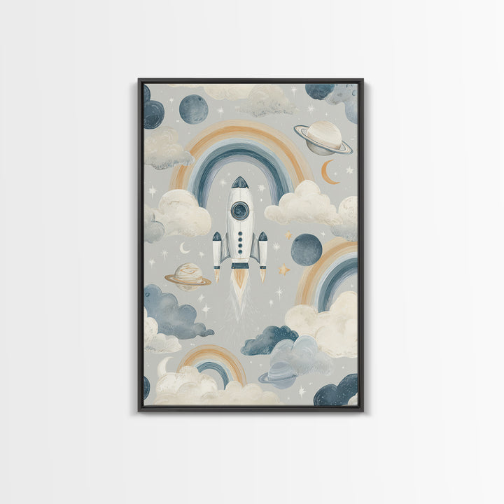 Rocket Ship and Smiling Planets Canvas Print, Nursery Art, Nursery Prints, Nursery Decor, Fine Art, Nursery, Kids Wall Decor, NUR-2x3-77