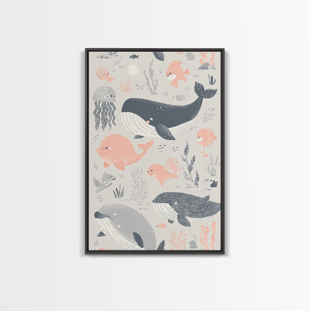 Friendly Ocean Creatures Framed Canvas Print, Nursery Art, Contemporary Art, Nursery Decor, Fine Art, Nursery, Nursery Prints, NUR-2x3-80