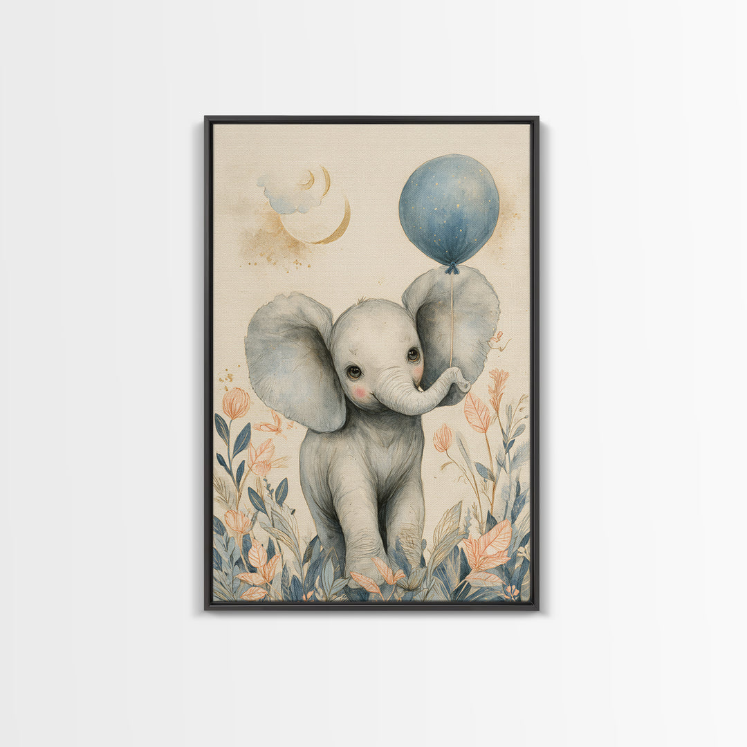Sleepy Baby Elephant Holding a Tiny Balloon Canvas Print, Nursery Art, Playroom Decor, Nursery Decor, Oil Painting, Nursery, NUR-2x3-81