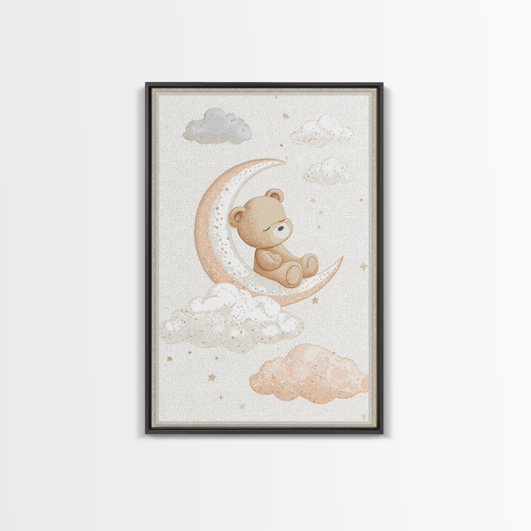 Baby Bear Floating on a Crescent Moon Canvas Print, Nursery Art, Nursery Decor, Abstract Art, Nursery, Kids Wall Art, NUR-2x3-86