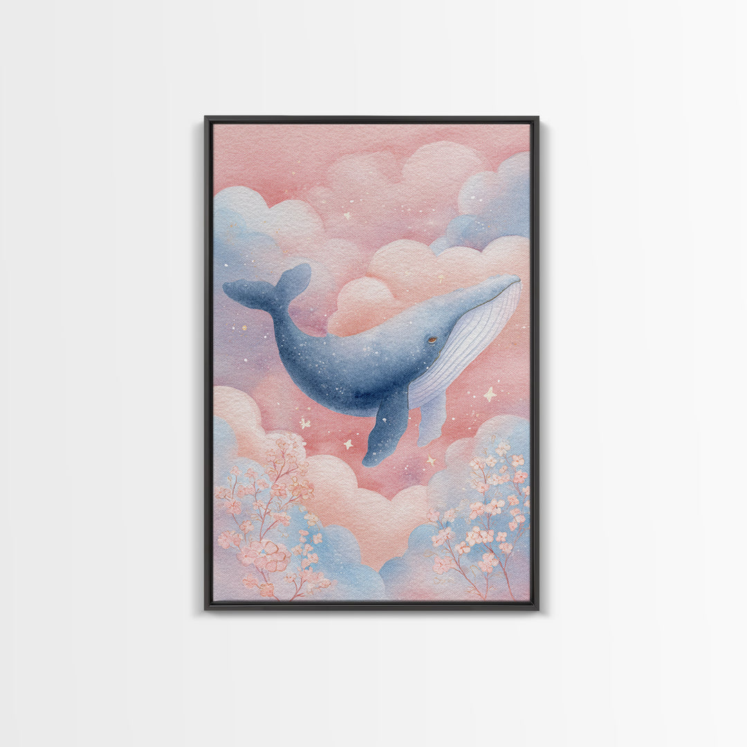 Whale and Tiny Stars Framed Canvas Print, Nursery Art, Nursery Wall Art, Nursery Decor, Fine Art, Nursery, Woodland Nursery, NUR-2x3-88