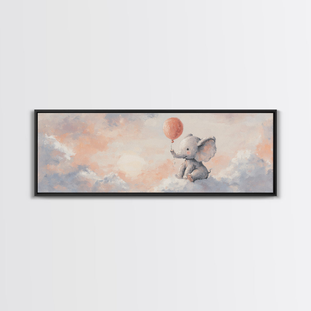 Sleepy Baby Elephant Holding a Tiny Balloon Framed Canvas Print, Nursery Art, Digital Download Art, Nursery Decor, Nursery, NUR-3x1-17