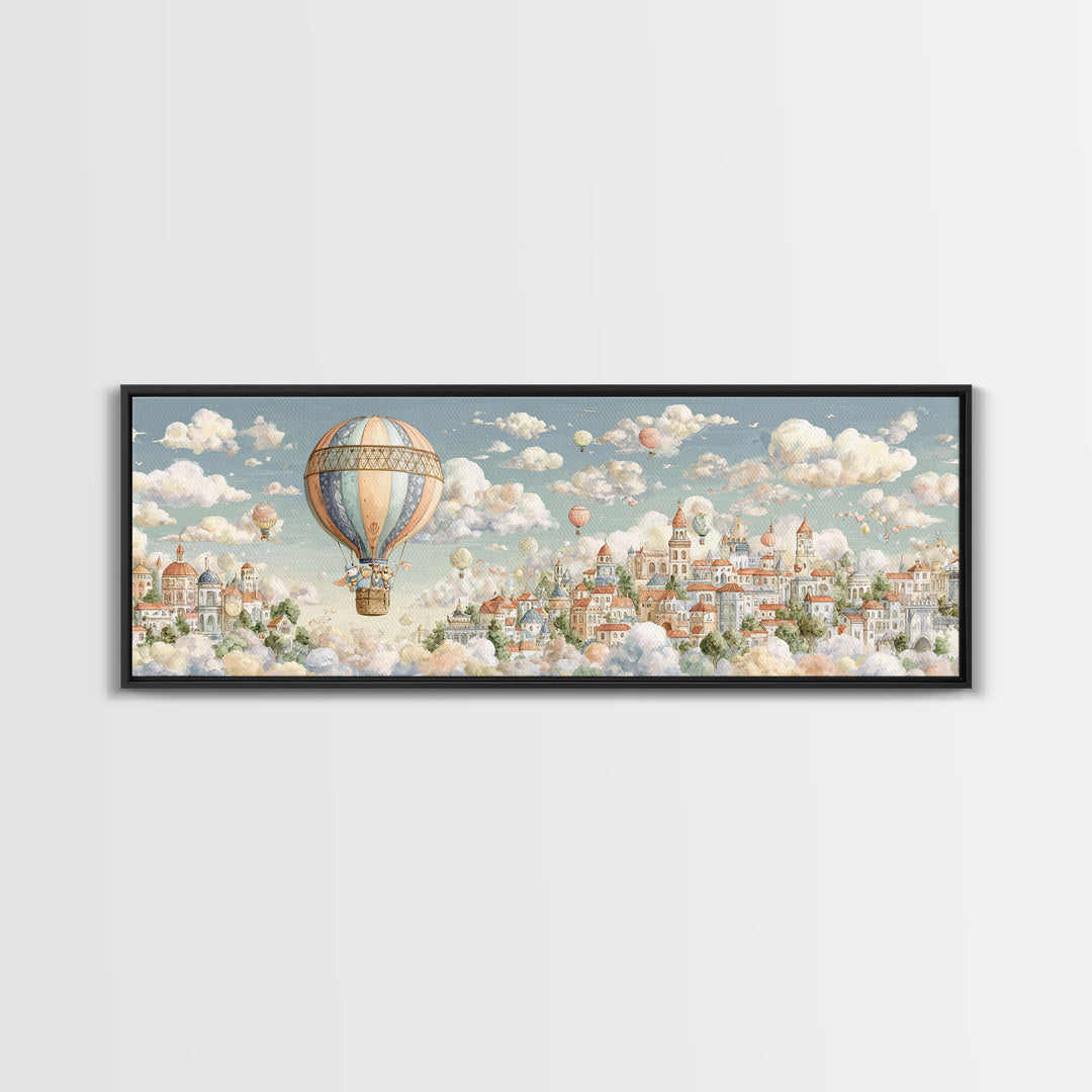 Floating Hot Air Balloon Framed Canvas Print, Nursery Art, Kids Room Art, Nursery Decor, Oil Painting, Nursery, NUR-3x1-28