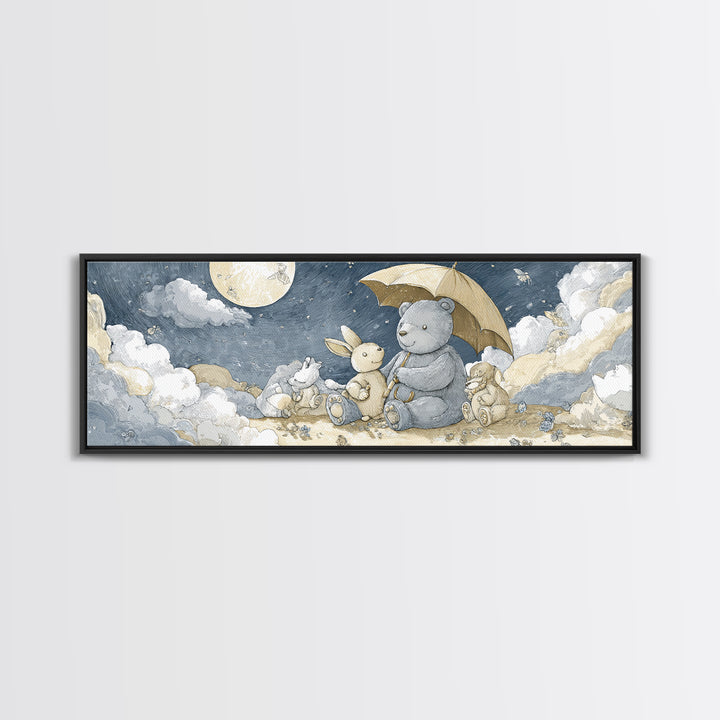 Bear and Rabbit Sharing Umbrella Canvas Print, Nursery Art, Girl Nursery Decor, Nursery Decor, Fine Art, Nursery, Kids Room Art, NUR-3x1-33