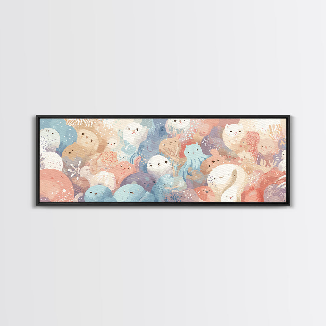 Friendly Ocean Creatures Canvas Print, Nursery Art, Home Decor, Nursery Decor, Oil Painting, Nursery, Contemporary Art, NUR-3x1-40