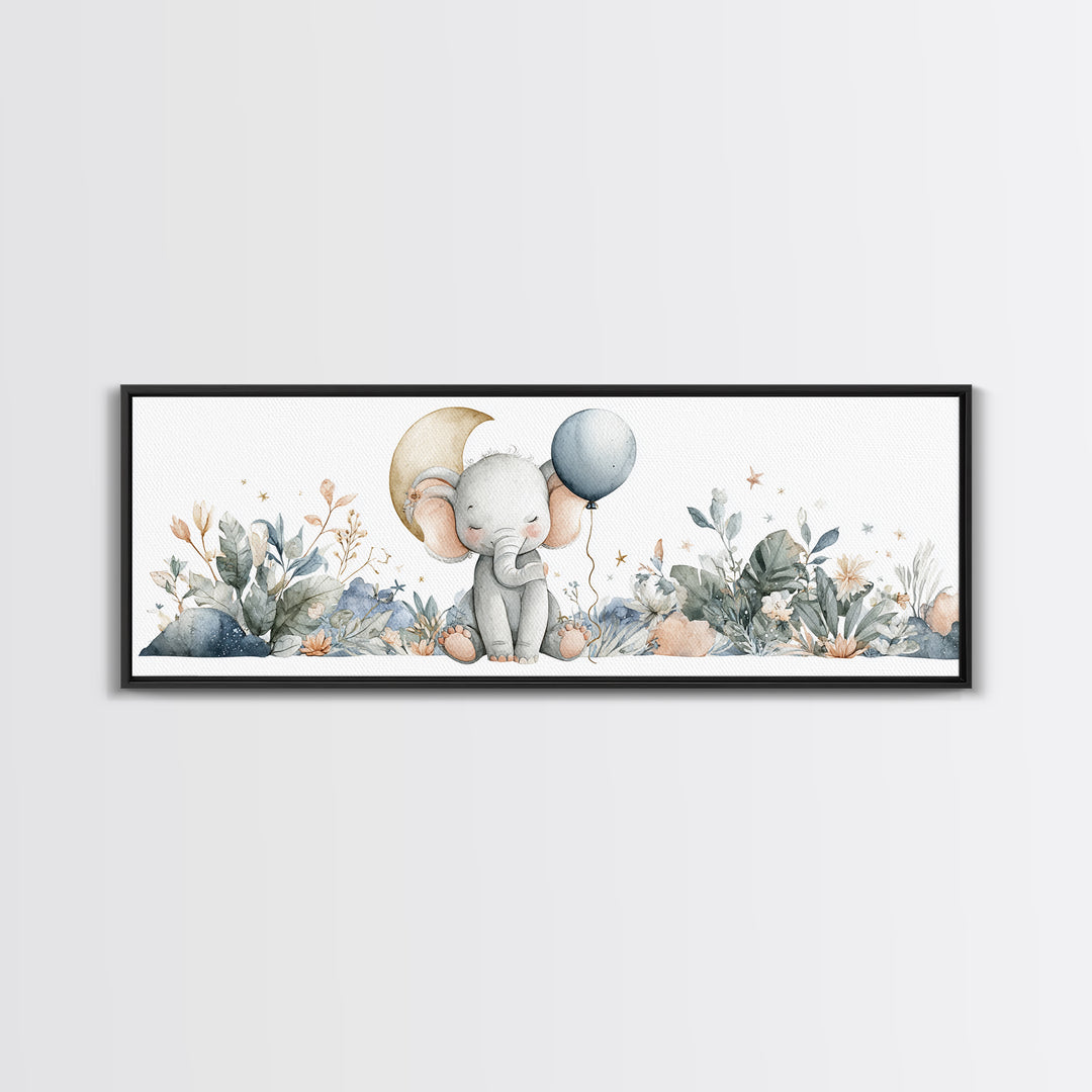 Sleepy Baby Elephant Holding a Tiny Balloon Canvas Print, Nursery Art, Playroom Wall Art, Nursery Decor, Watercolor Art, NUR-3x1-41