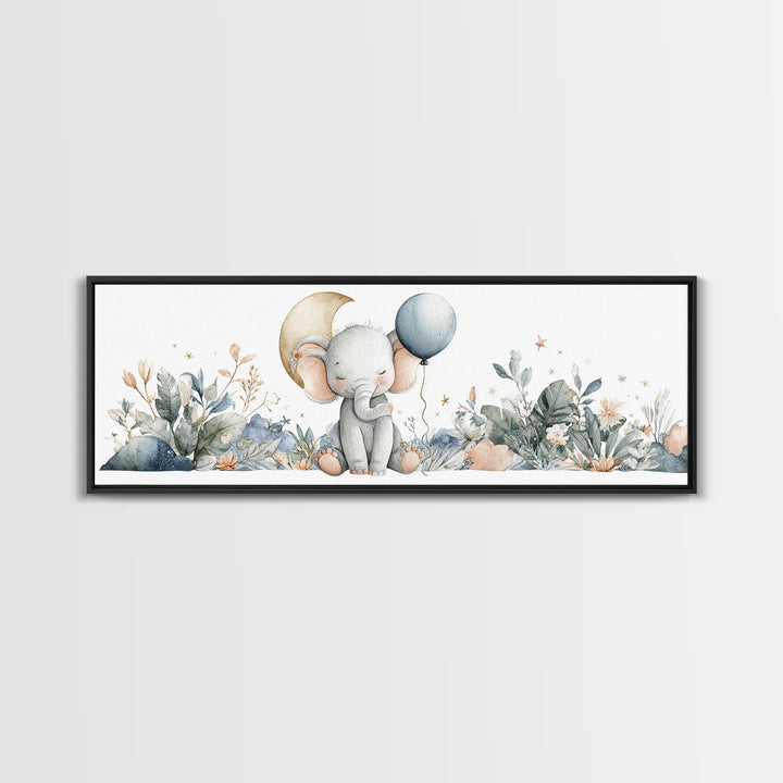Sleepy Baby Elephant Holding a Tiny Balloon Canvas Print, Nursery Art, Playroom Wall Art, Nursery Decor, Watercolor Art, NUR-3x1-41