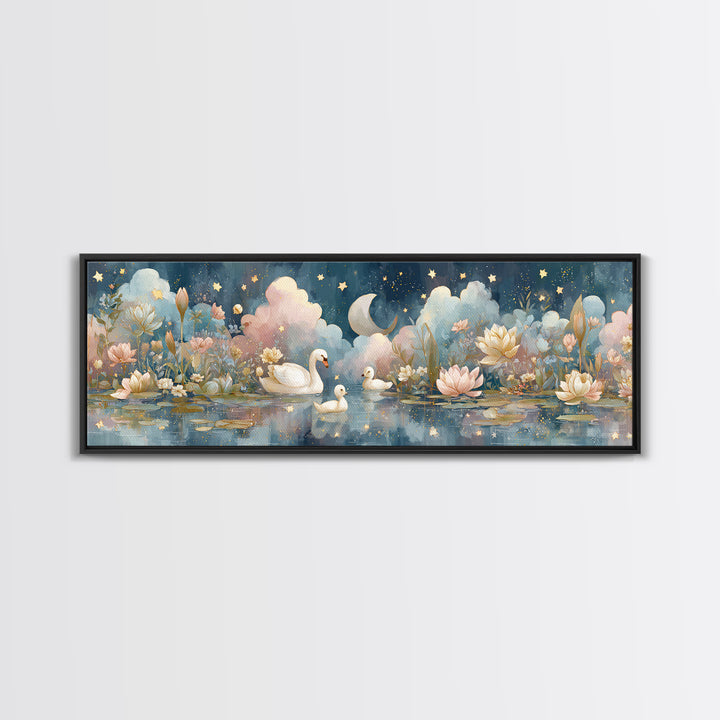Swan and Cygnet Framed Canvas Print, Nursery Art, Textured Painting, Nursery Decor, Fine Art, Nursery, Wall Art Print, NUR-3x1-56