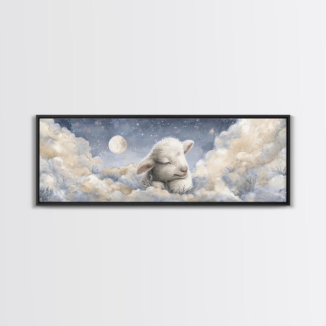 Little Lamb under a Starry Sky Framed Canvas Print, Nursery Art, Wall Art, Nursery Decor, Fine Art, Nursery, Nursery Prints, NUR-3x1-59