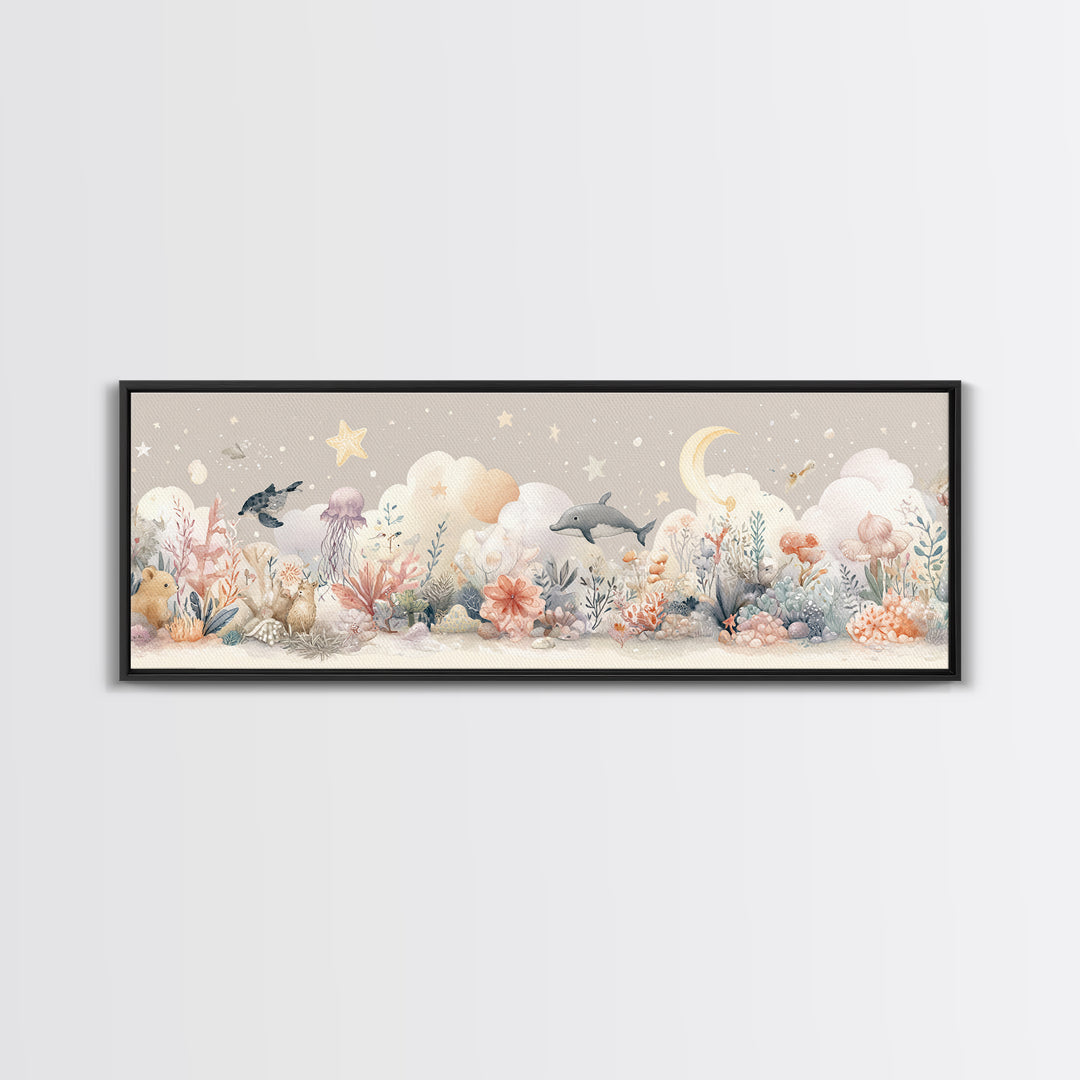 Friendly Ocean Creatures Framed Canvas Print, Nursery Art, Boho Decor, Nursery Decor, Fine Art, Nursery, Wall Hangings, NUR-3x1-64