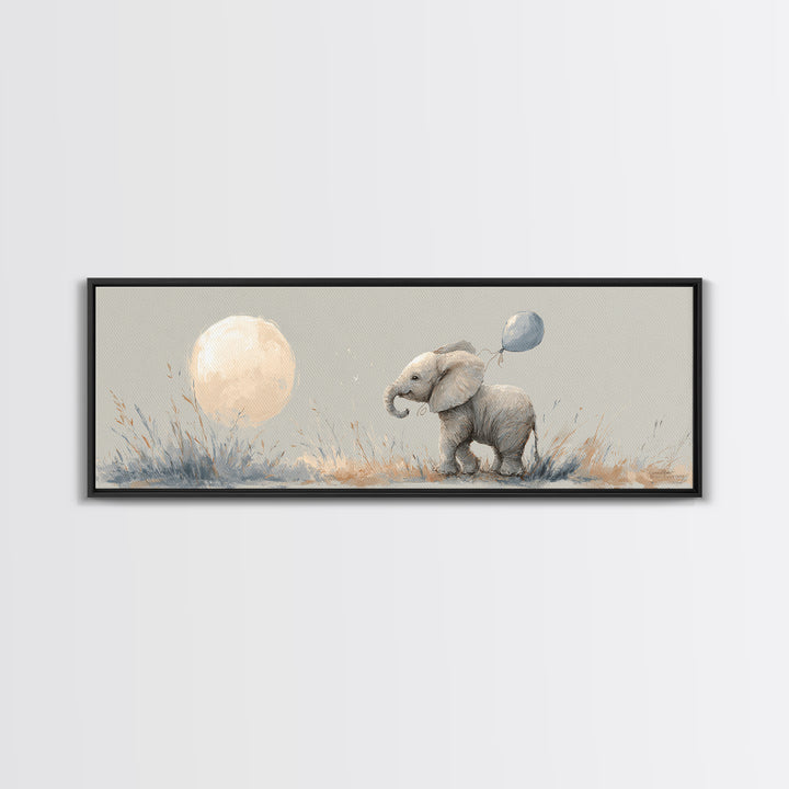 Sleepy Baby Elephant Holding a Tiny Balloon Canvas Print, Nursery Art, Playroom Wall Art, Nursery Decor, Watercolor Art, NUR-3x1-65