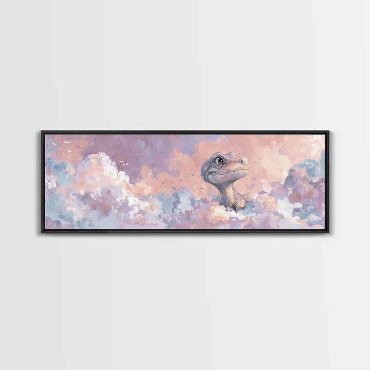 Tiny Dinosaur with Friendly Expression Framed Canvas Print, Nursery Art, Gallery Decor, Nursery Decor, Fine Art, Nursery, NUR-3x1-7