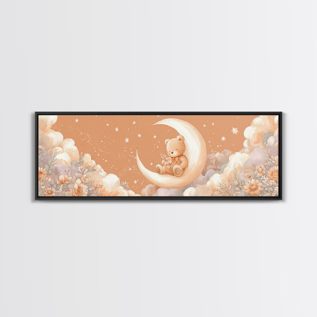 Baby Bear Floating on a Crescent Moon Canvas Print, Nursery Art, Luxury Decor, Nursery Decor, Oil Painting, Nursery, NUR-3x1-70