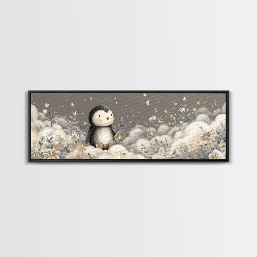 Penguin Holding a Little Heart Shape Framed Canvas Print, Nursery Art, Butterfly Wall Art, Nursery Decor, Fine Art, Nursery, NUR-3x1-74