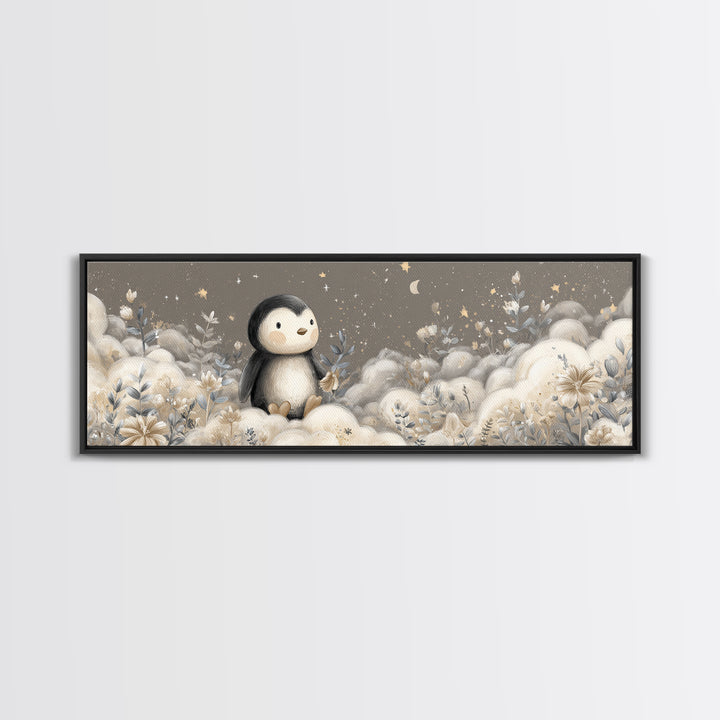 Penguin Holding a Little Heart Shape Framed Canvas Print, Nursery Art, Butterfly Wall Art, Nursery Decor, Fine Art, Nursery, NUR-3x1-74