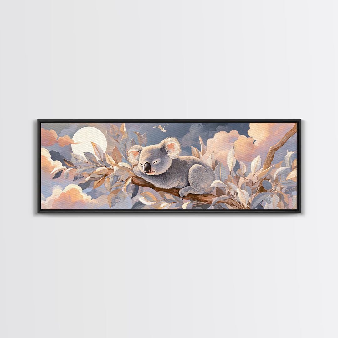Sleeping Koala on Eucalyptus Branch Framed Canvas Print, Nursery Art, Watercolor Print, Nursery Decor, Oil Painting, Nursery, NUR-3x1-77