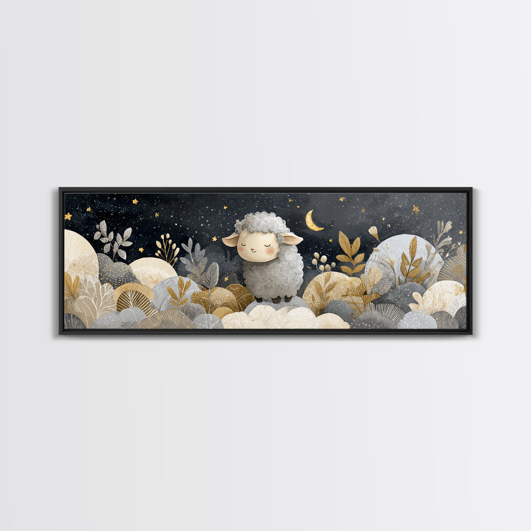 Little Lamb under a Starry Sky Canvas Print, Nursery Art, Nursery Decor, Fine Art, Nursery, Kids Wall Art, Woodland Nursery, NUR-3x1-83
