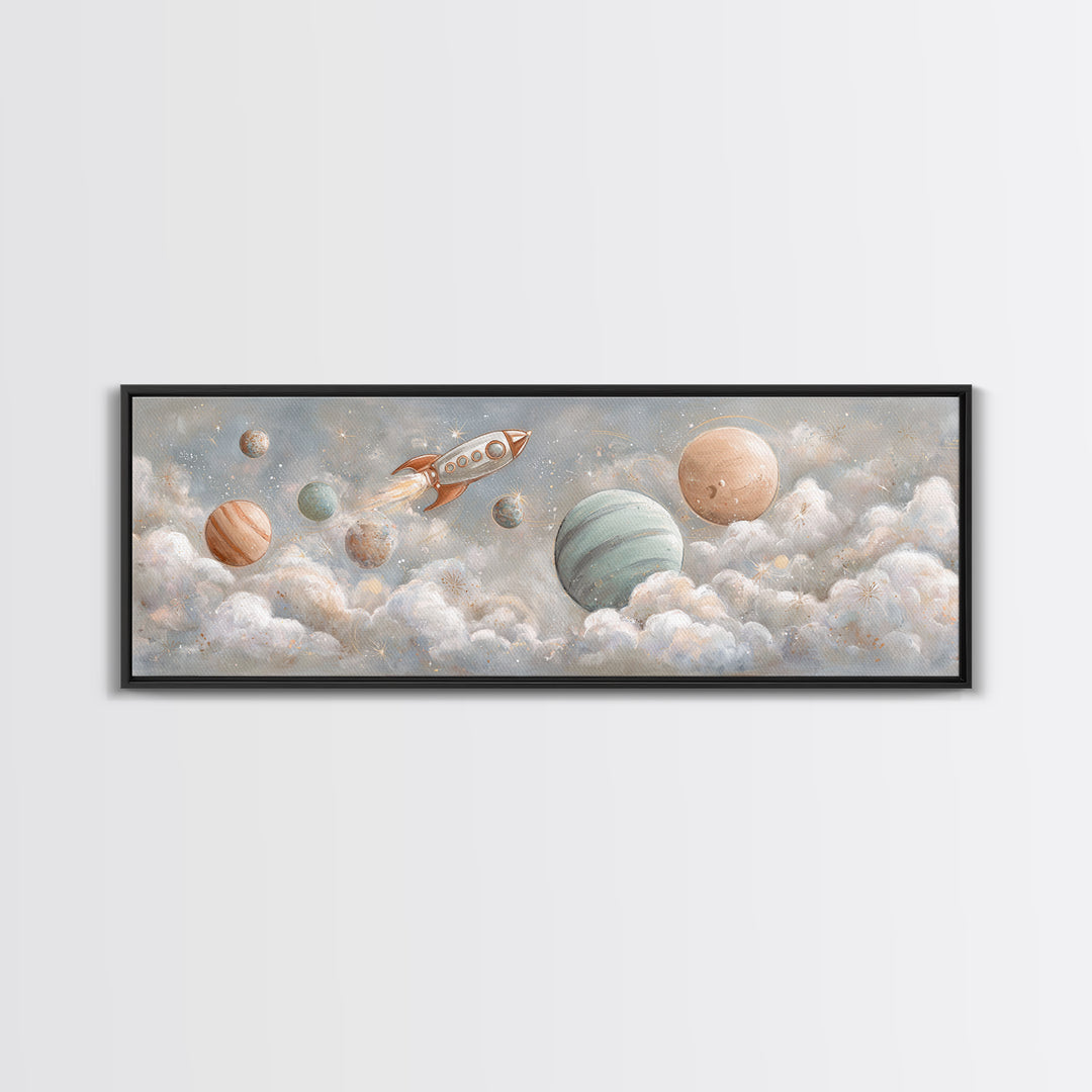 Rocket Ship and Smiling Planets Canvas Print, Nursery Art, Baby Girl Nursery, Nursery Decor, Oil Painting, Nursery, NUR-3x1-85