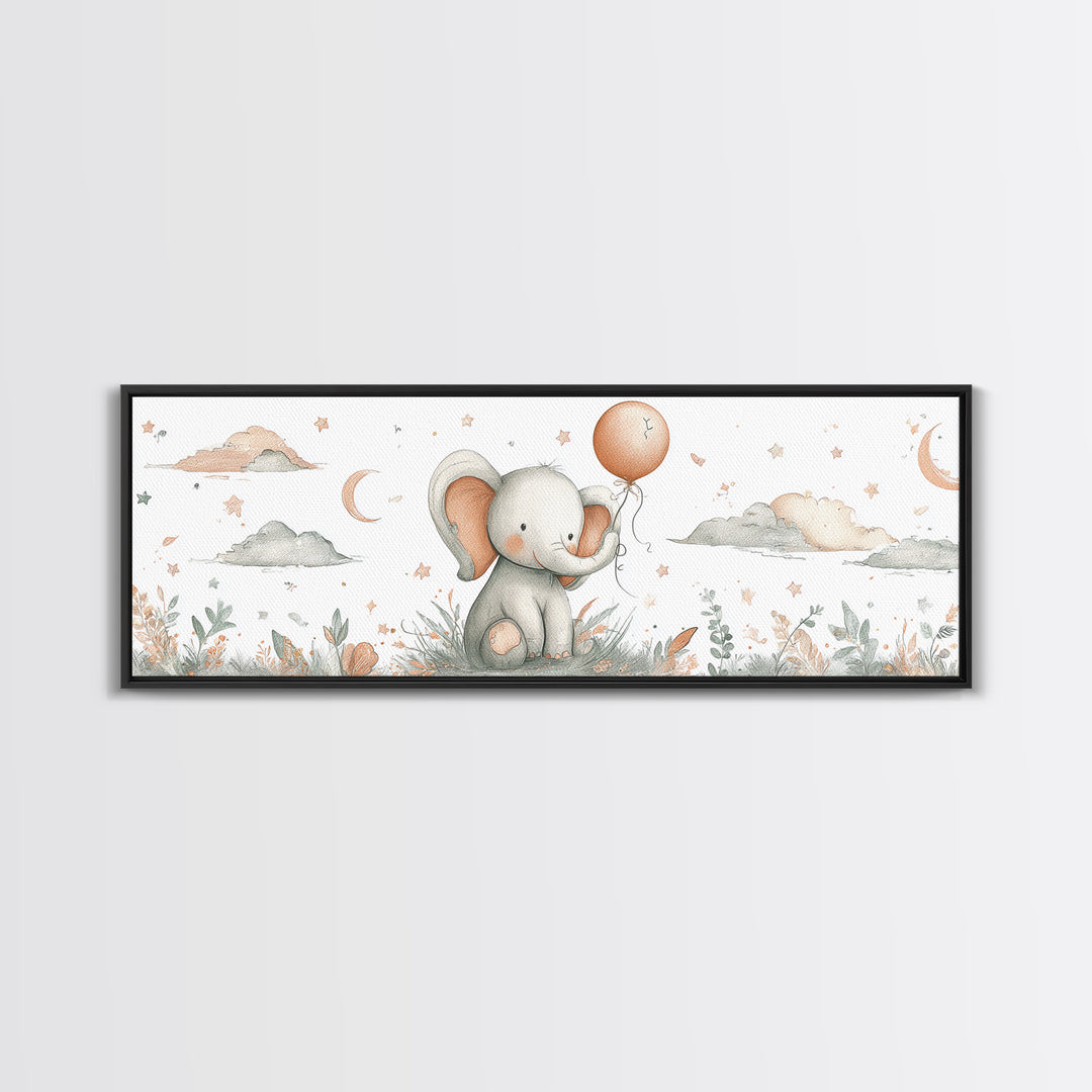 Sleepy Baby Elephant Holding a Tiny Balloon Framed Canvas Print, Nursery Art, Woodland Nursery Art, Nursery Decor, Oil Painting, NUR-3x1-89