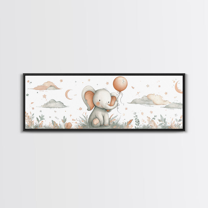 Sleepy Baby Elephant Holding a Tiny Balloon Framed Canvas Print, Nursery Art, Woodland Nursery Art, Nursery Decor, Oil Painting, NUR-3x1-89