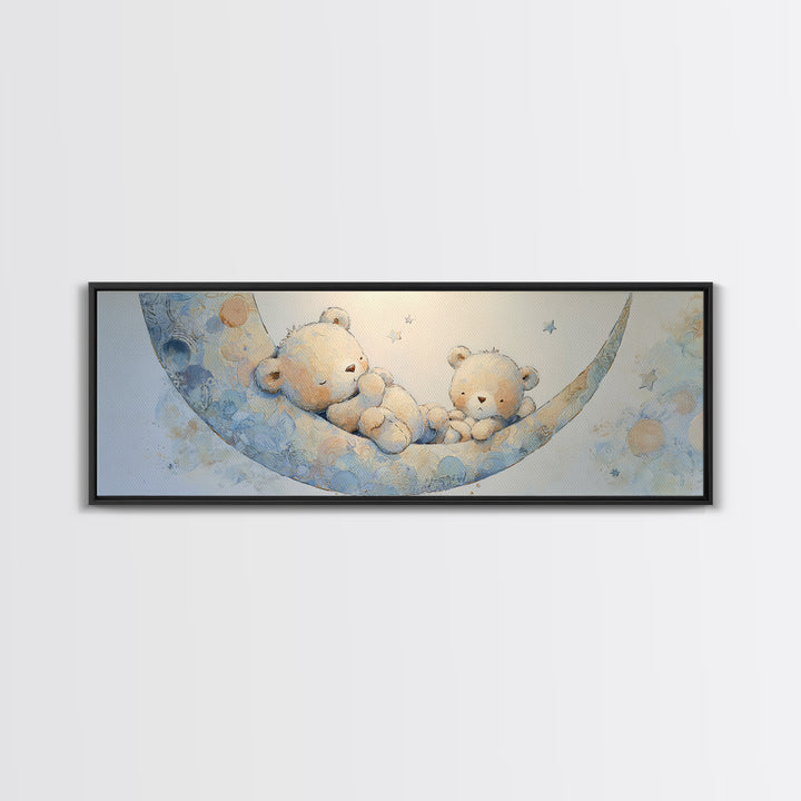 Baby Bear Floating on a Crescent Moon Canvas Print, Nursery Art, Digital Download Art, Nursery Decor, Watercolor Art, Nursery, NUR-3x1-94