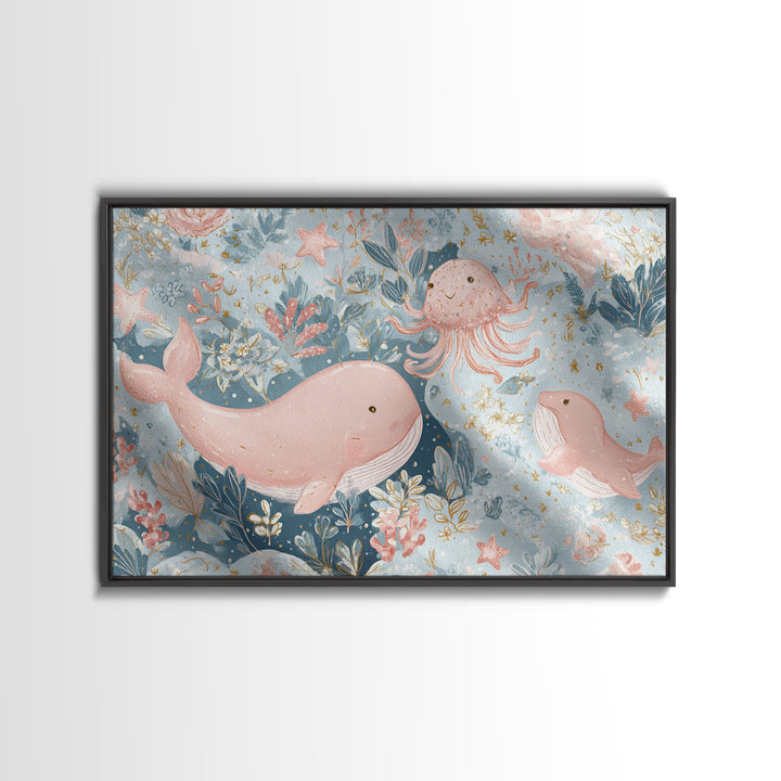 Friendly Ocean Creatures Framed Canvas Print, Nursery Art, Modern Decor, Nursery Decor, Fine Art, Nursery, Art Print, NUR-3x2-100