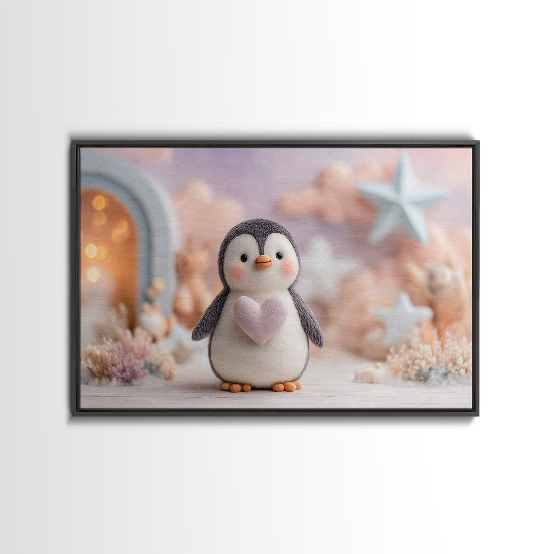 Penguin Holding a Little Heart Shape Framed Canvas Print, Nursery Art, Nursery Wall Art, Nursery Decor, Fine Art, Nursery, NUR-3x2-14